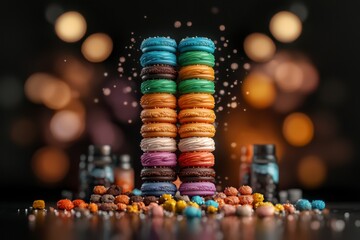 Colorful Macarons Towers with Candy Scattered on