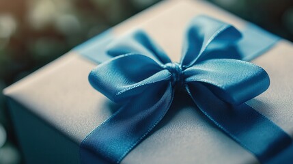 Elegant blue gift box with ribbon detail.