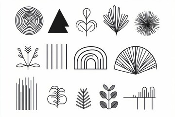 Abstract minimalist line art design featuring various shapes and plants