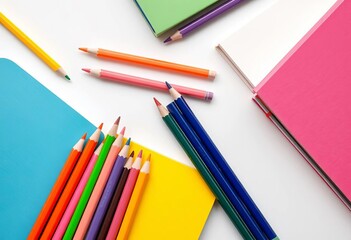 Obraz premium Vibrant colored pencils, notebooks, and books arranged on white background, white background, inspiration