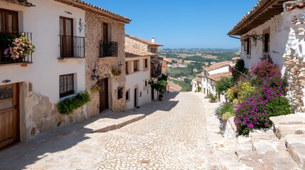 Naklejka premium Walking Down Charming Cobblestone Street in Hillside Village Under Clear Sky