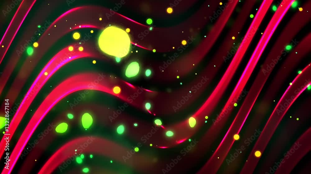 Aufkleber A dynamic abstract background featuring red and green neon waves with floating glowing particles in a futuristic style.