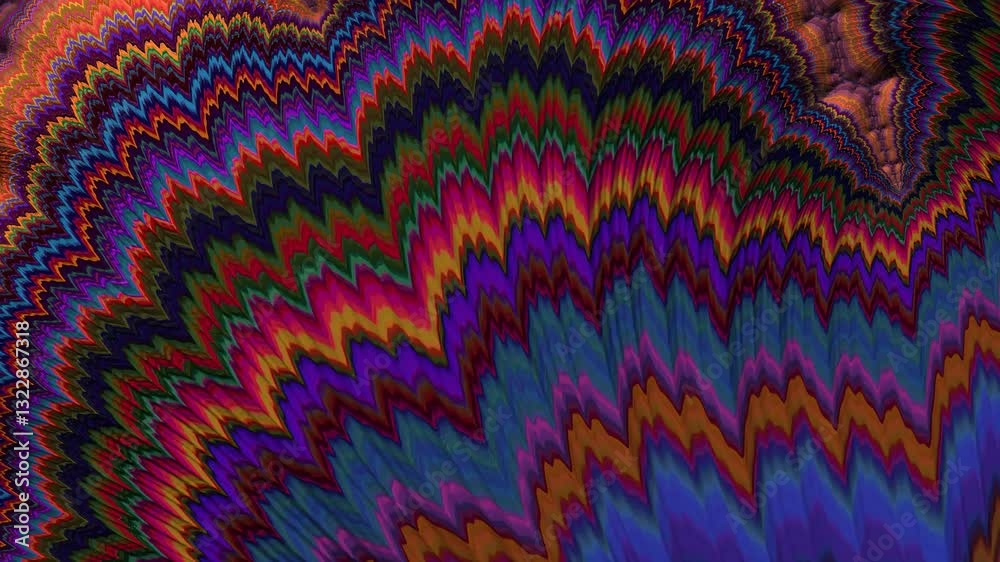 Aufkleber  A mesmerizing fractal pattern with vivid zigzag waves in deep blues, purples, and fiery oranges, creating a psychedelic effect.
