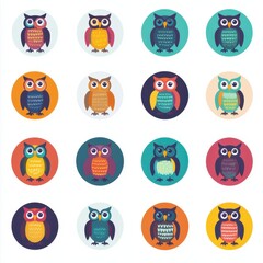 Colorful owl illustrations in playful circular design pattern