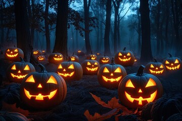 Mysterious Pumpkins Ablaze with Light in a Haunted Forest at Ominous Nightfall
