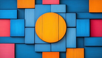 Fototapeta premium Colorful Geometric Abstract Background with Circular Element and Textured Blocks in Various Shades