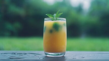 Fototapeta premium Refreshing Orange Juice Drink Summer Beverage Green Lawn Background