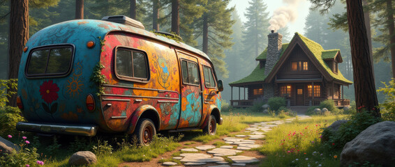 Obraz premium Hidden Haven: Rustic Motorhome with Yellow Interior Light in a Woodland Glade