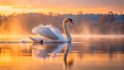Fototapeta premium Elegant Art Swan glides effortlessly on the serene lake surface at sunrise, its feathers glistening with dew as the sky turns pink and orange, peaceful, water