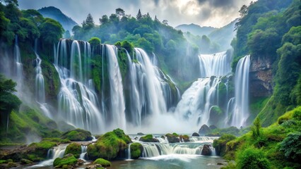 Naklejka premium Breathtaking waterfall cascade in misty Chinese mountains , landscape, misty, landscape