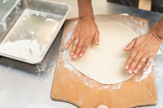 Fresh Dough Rolling on Wooden Board Homemade Baking Preparation
