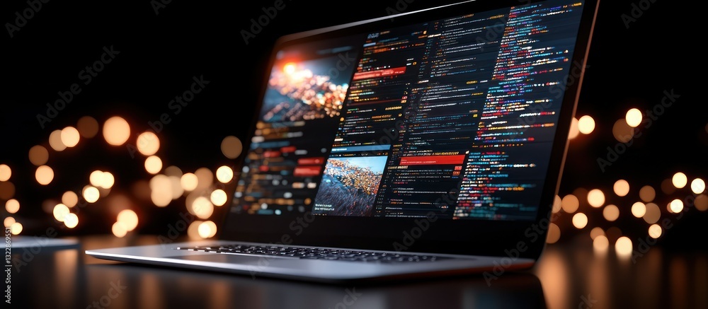 Poster modern laptop displaying data analysis with colorful code on dark background