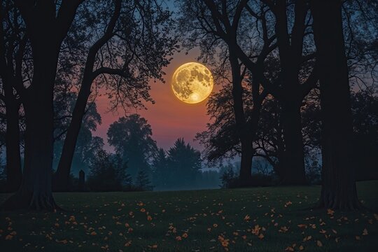 Haunting Autumn Evening Backdrop with Glowing Crescent Moon and Shadowy Trees