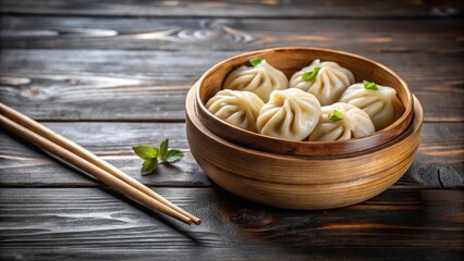 Dumplings in a Wooden Bowl on a Table, Asian cuisine, simple elegance