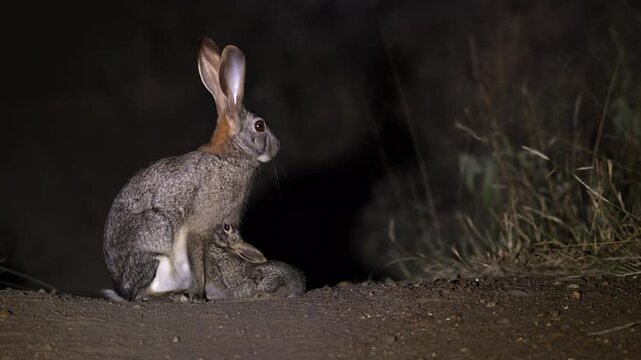 Baby bunny kit nurses milk from mom Scrub hare on night roadway