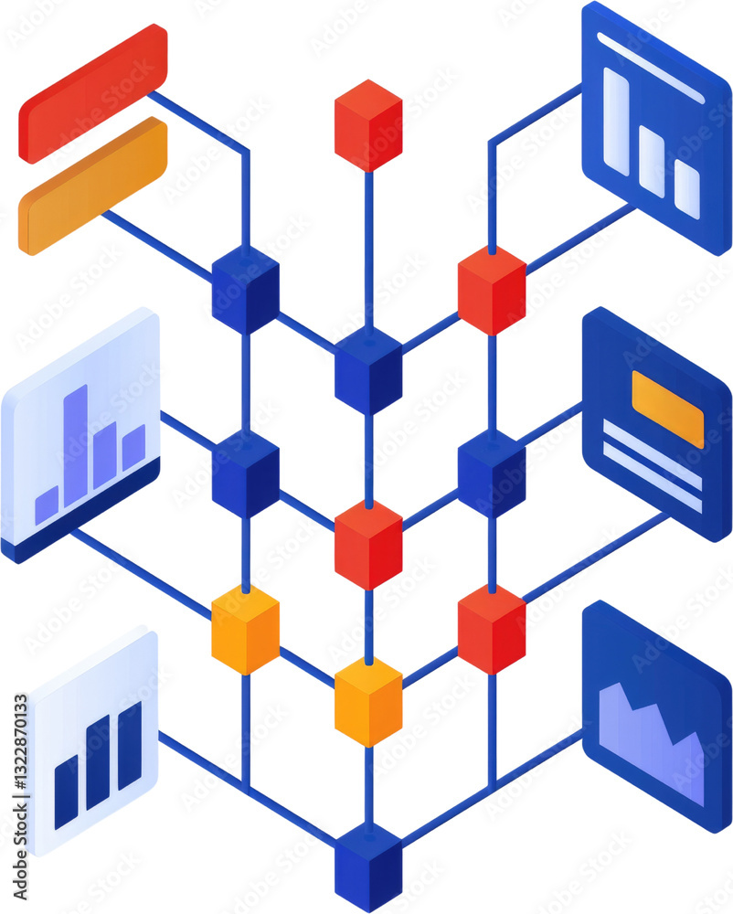 Poster abstract data visualization with colorful nodes and connections in digital network structure