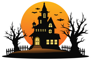 Witch or haunted house silhouette on the hill in a round shaped background. House, full moon, bats and pumpkins outline. Happy Halloween. Vector illustration