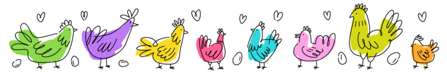 Vector horizontal collection of chickens drawn in thin line in doodle style