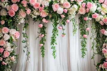 Fototapeta premium Beautiful Floral Backdrop with Pink Roses and Green Leaves