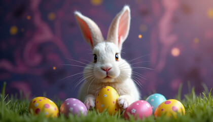 A cute Easter bunny with eggs.