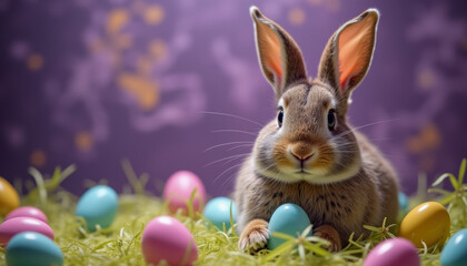 Obraz premium A cute Easter bunny with eggs.