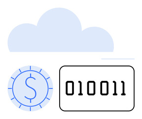 Cloud above a dollar coin and binary code representing digital currency, online transactions, and data storage. Ideal for fintech, cryptocurrency, blockchain, cloud computing, digital innovation