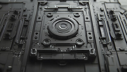 Fototapeta premium Abstract futuristic technology panel, dark grey metallic texture, intricate details, high-tech design, industrial aesthetic, 3D render.