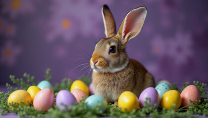 A cute Easter bunny with eggs.