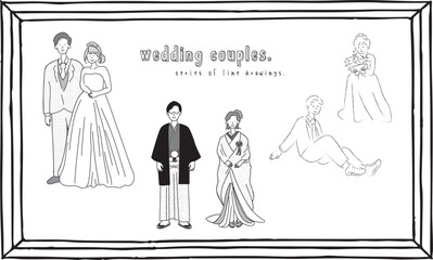 洋装と和装の結婚式のカップルのベクターイラストセット