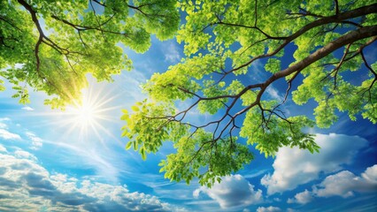 Fototapeta premium Looking Up at a Sunlit Canopy of Lush Green Leaves Against a Vibrant Blue Sky with Puffy White Clouds