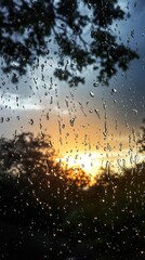 Obraz premium Sunset Rain: Golden Hour Through a Rainy Window