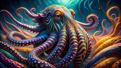 Obraz premium Vibrant Cephalopod with Striking Stripes and Intricate Tentacles in a Dreamlike Subaquatic Setting