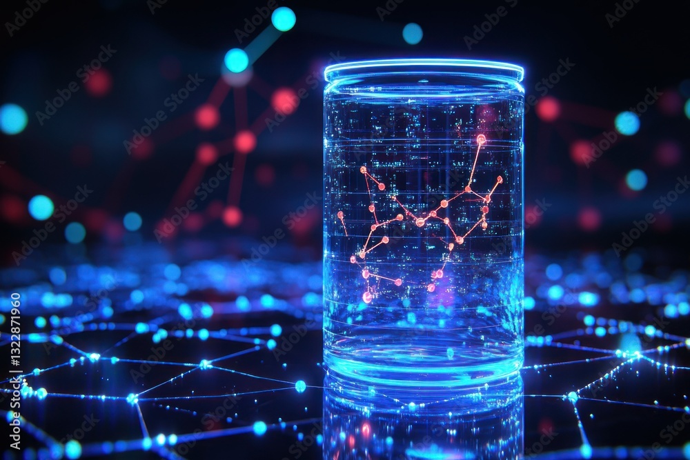 Poster abstract digital visualization of data analysis in a jar surrounded by glowing networks and connecti