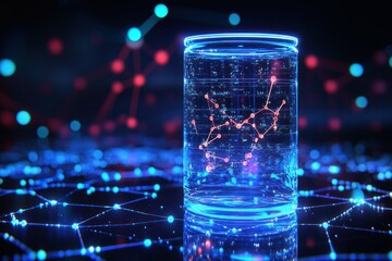 Abstract Digital Visualization of Data Analysis in a Jar Surrounded by Glowing Networks and Connections