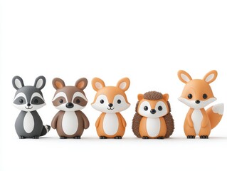Naklejka premium Five adorable cartoon animal figurines lined up, showcasing diverse designs and colors