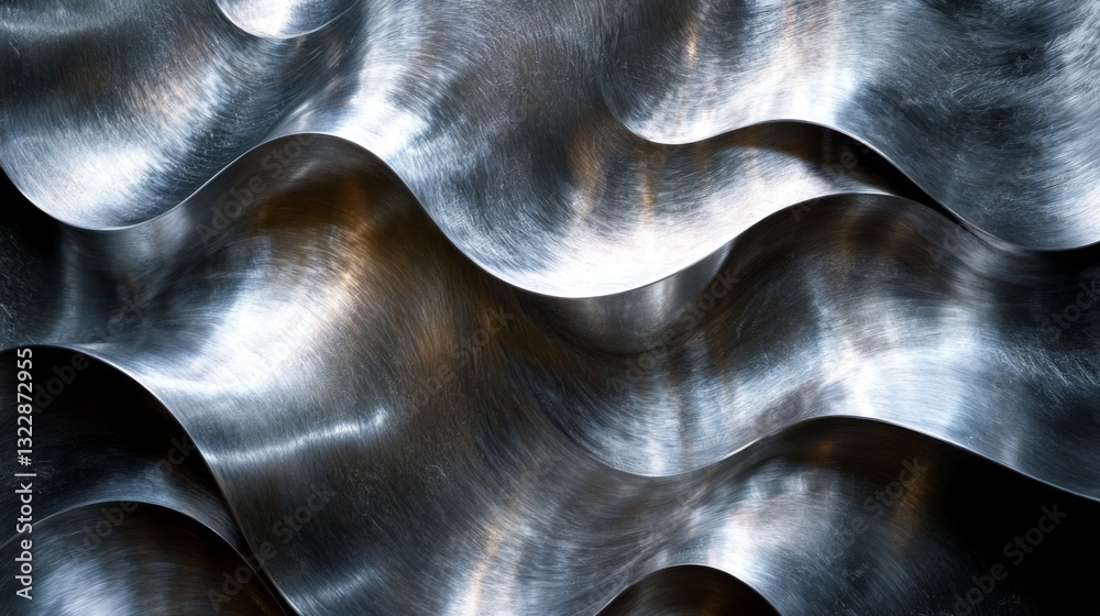 Poster Aluminum panels display intricate wavy patterns, reflecting light creatively. This highlights contemporary metalworking techniques and engineering precision in industrial applications.
