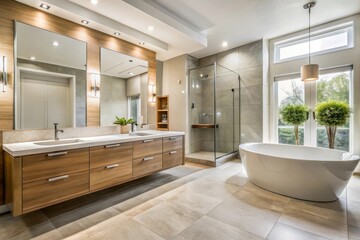 Fototapeta premium Luxurious Modern Bathroom Design Featuring a Freestanding Tub and Double Vanity with Ample Storage