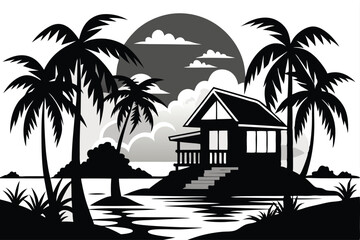 Obraz premium A house with palm trees and a sunset in the background vector
