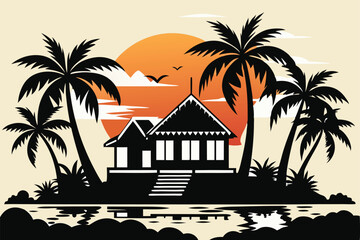 Obraz premium A house with palm trees and a sunset in the a big full moon vector