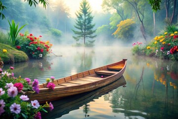 Serene Wooden Rowboat on Misty Lake Surrounded by Vibrant Blossoms at Dawn