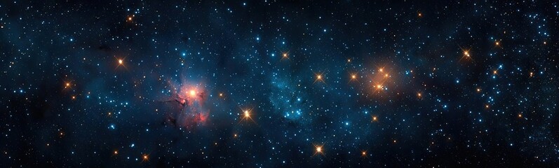 Dramatic nighttime abstract background concept. A stunning panoramic view of the galaxy filled with stars and colorful cosmic elements.