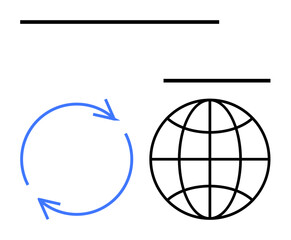 Blue circular arrows alongside a globe grid, representing transfer cycles and global systems. Ideal for communication, globalization, sustainability, recycling, process flow, teamwork, innovation