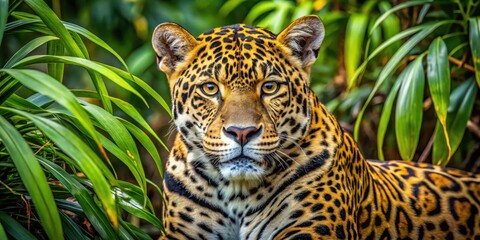 Obraz premium A majestic jaguar camouflaged in dense tropical foliage, its golden coat perfectly blended with the underbrush, as it waits for unsuspecting prey, undergrowth concealment, wildlife hide and seek