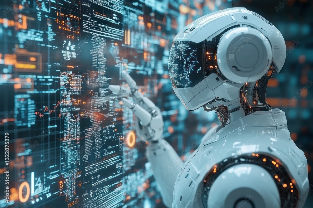 Poster futuristic robot interacting with digital interface in high-tech environment with data visualization