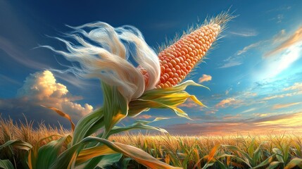 Majestic Corn Cob with Silky Threads Against a Vibrant Sunset in an Expansive Field