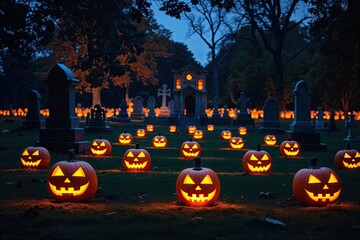 Mysterious Glowing Jack O' Lanterns in a Majestic Burial Ground at Night