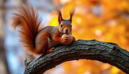 Naklejka premium Squirrel Holding Nut on Tree Branch with Autumnal Background