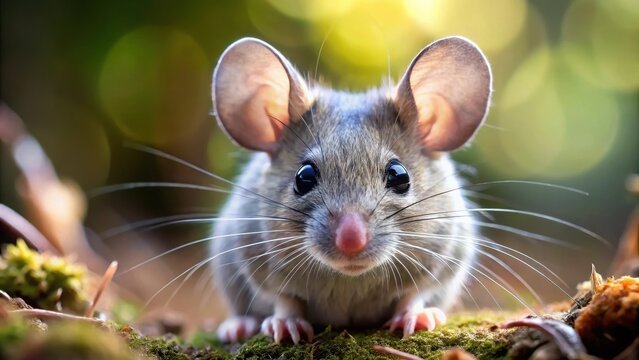 A close-up of a gray mouse's face with tiny whiskers and ears, set against a blurred background of forest undergrowth, animal behavior, Apodemus sylvaticus