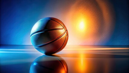Obraz premium A lone basketball rests on a reflective surface, illuminated by a dramatic interplay of warm and cool light, creating a captivating visual narrative of sport and competition.