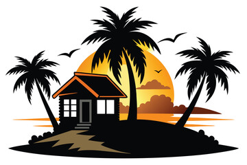 Obraz premium A house with palm trees and a sunset in the background